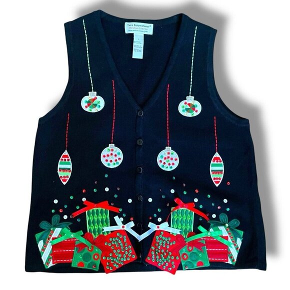 Vintage 90s Womens Christmans Sweater Vest Sz Large Tiara International Beaded - Picture 1 of 8